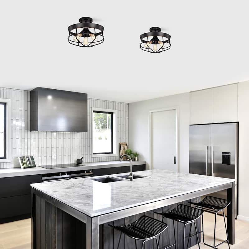 Willem Matte Black 3-Light Metal Cage Semi-Flush Mount