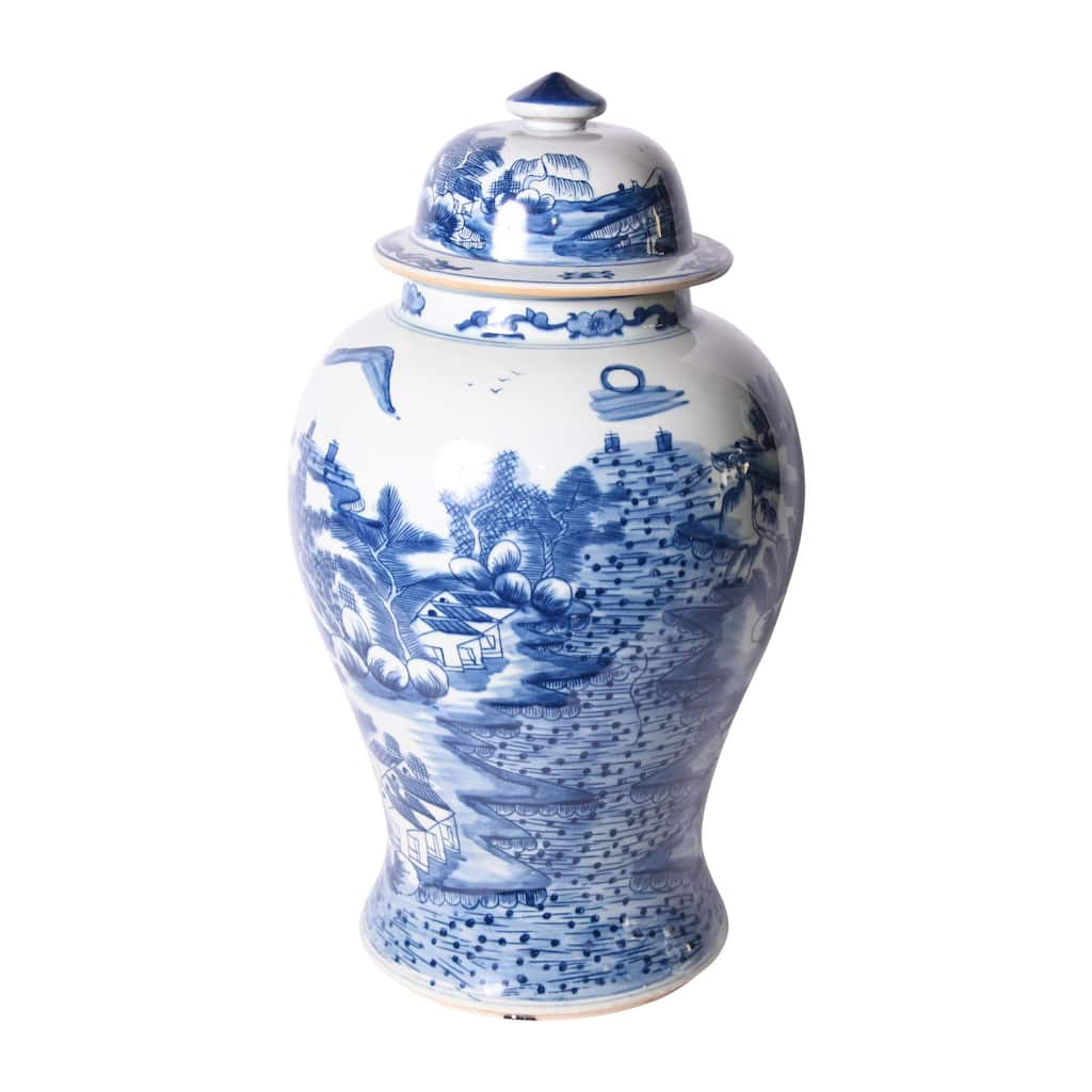 Blue & White Porcelain Temple Jar Landscape Motif - 13x13x22.5
