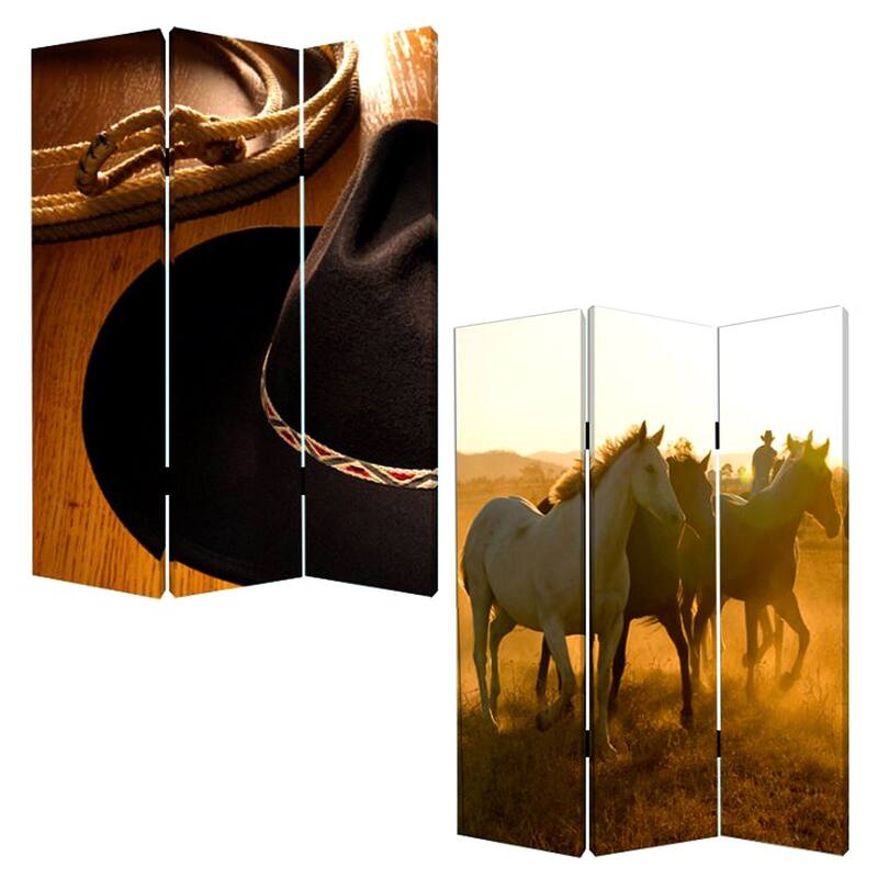 HomeRoots 72" Brown and Black Canvas Folding Three Panel Screen Room Divider - 48' X '72' X '1