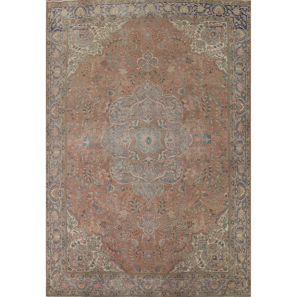 Distressed Floral Tabriz Vintage Persian Area Rug Handmade Wool Carpet - 9'8" x 12'10"