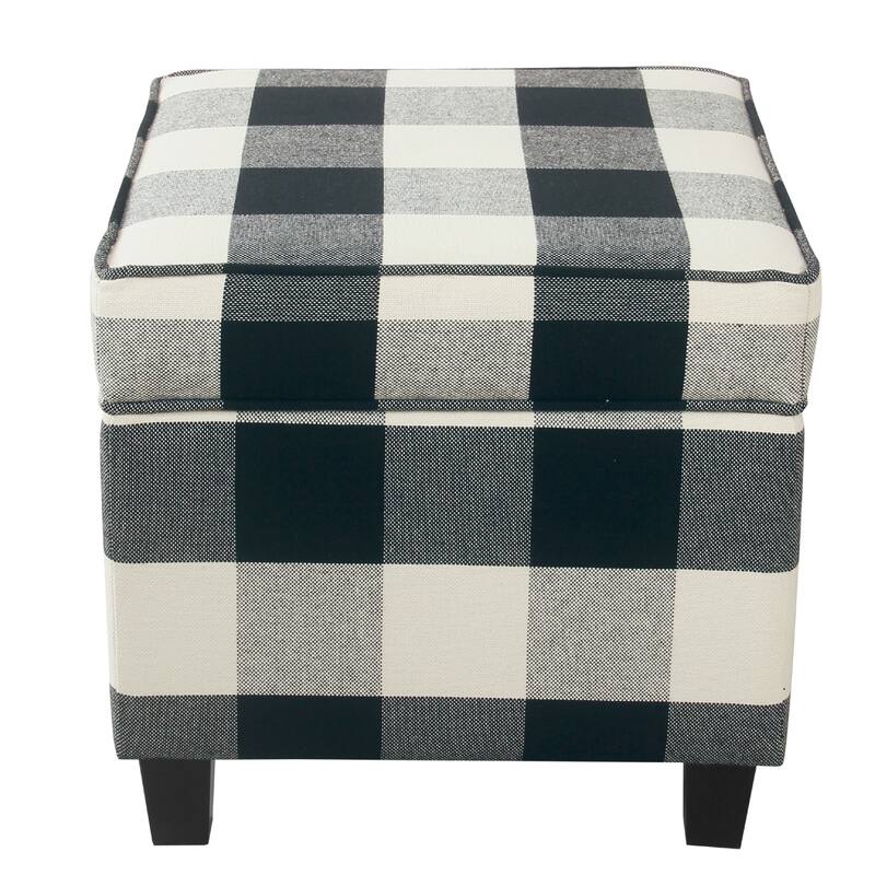 Pyp Square Storage Ottoman, 18 Inch Black Plaid Cotton, Ebony Legs