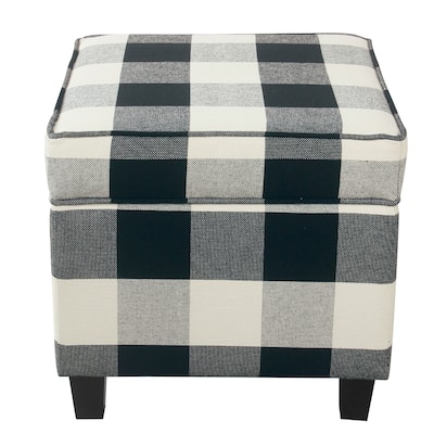 Pyp Square Storage Ottoman, 18 Inch Black Plaid Cotton, Ebony Legs