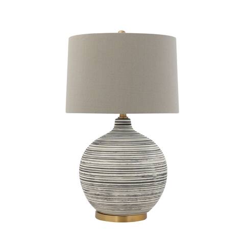 Textured Black & White Striped Ceramic Table Lamp with Grey Linen Shade