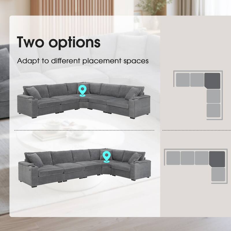 106" Convertible L-Shaped Modular Corduroy Sectional Sofa with Armrest Storage Cup Holders USB Charger Corner Couch