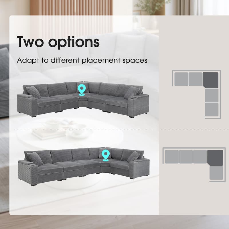 L Shaped Corduroy Sectional Sofa w/Armrest Storage,Cup Holders,USB