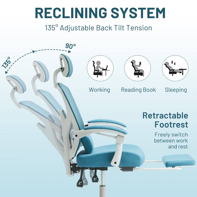 Ergonomic Office Chair with Footrest, High-Back Mesh Rolling Swivel Reclining Chairs Computer Desk Seat