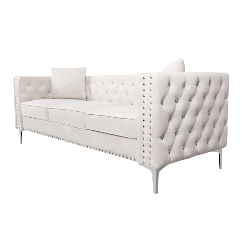 82.3" Width Modern Velvet Sofa Jeweled Buttons Tufted Square Arm Couch ,2 Pillows Included,Beige,4 colors