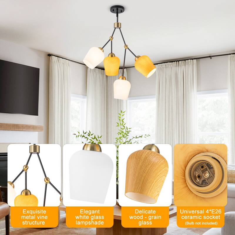 4-Light Black & Gold Y-Shaped Chandelier with Wood-Grain Glass Shades - Dia.22.83-in