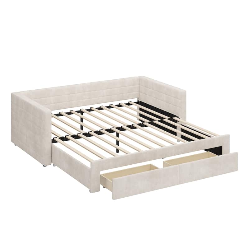 Twin Size Upholstered Bed Extendable Daybed Frame Twin to King Design Chenille Fabric Sofa Bed with Trundle and Storage Drawers