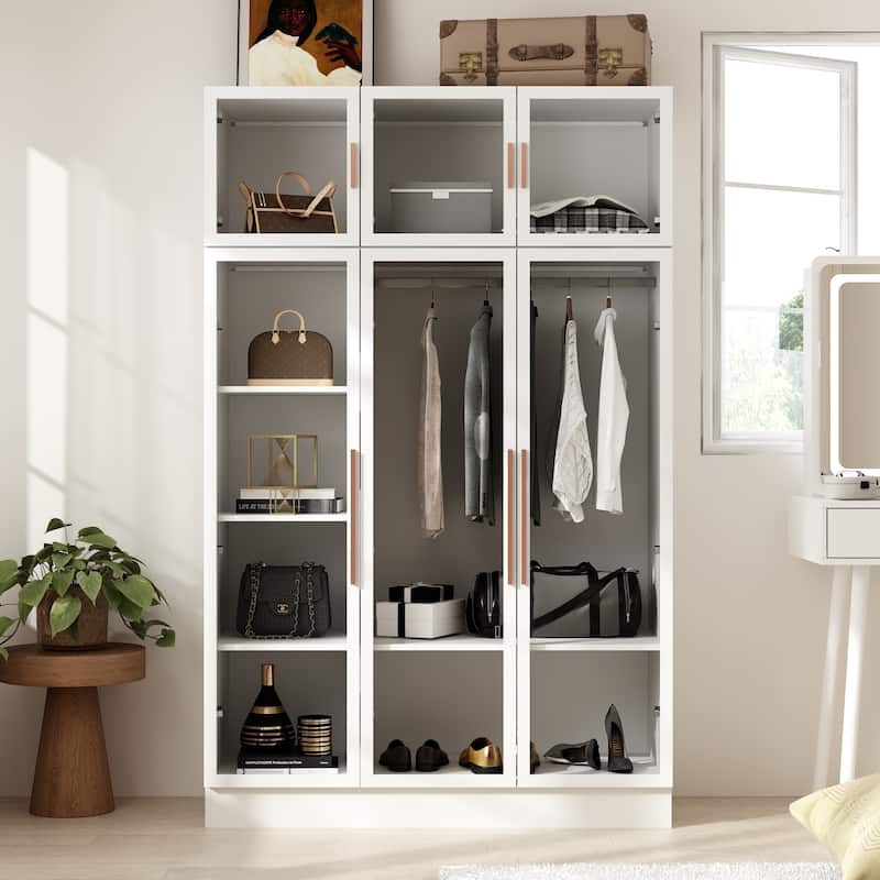 47.2" Wide Armoire LED Light All Glass Door Closet Cabinet Wardrobe