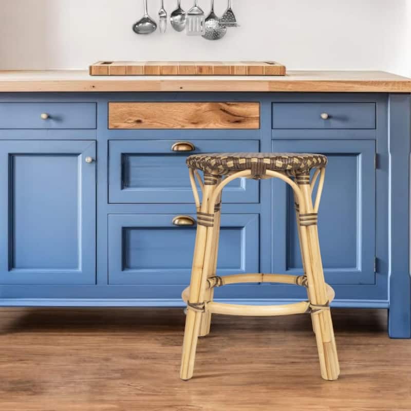 Rattan Backless Counter Height Bar Stool with Footrest, Water-Resistant