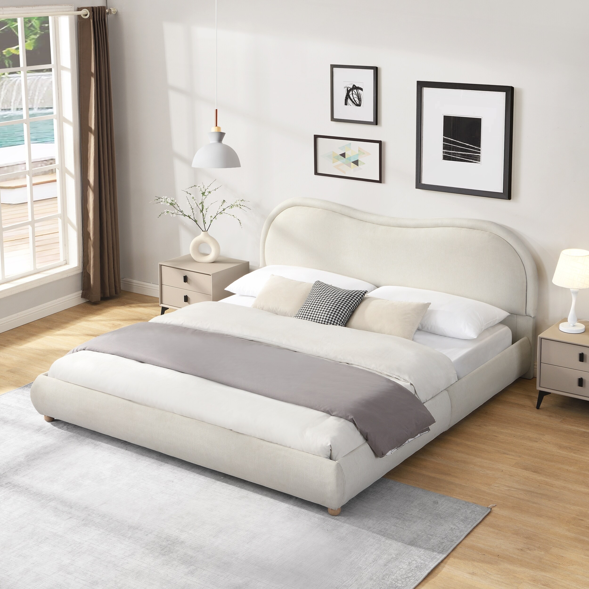 Upholstered Platform Bed Frame with Curved Headboard, Wooden Slats, and Chenille Fabric for Elegant and Comfortable Sleeping
