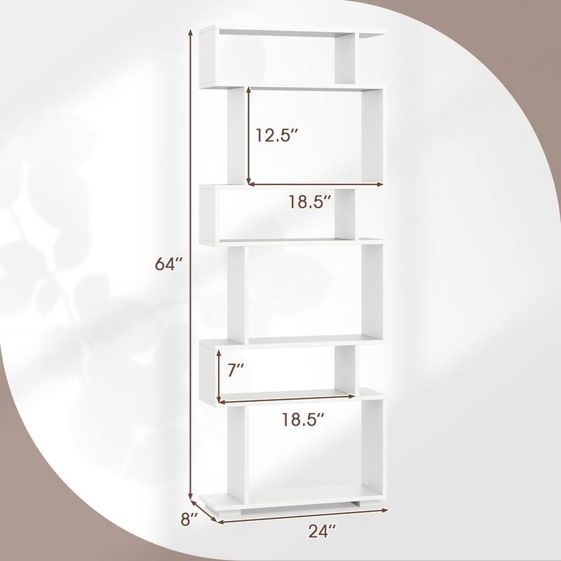Engineered Wood 6-Tier S-Shaped Bookshelf with Anti-Tip Kits - 24" L x 8" W x 64" H