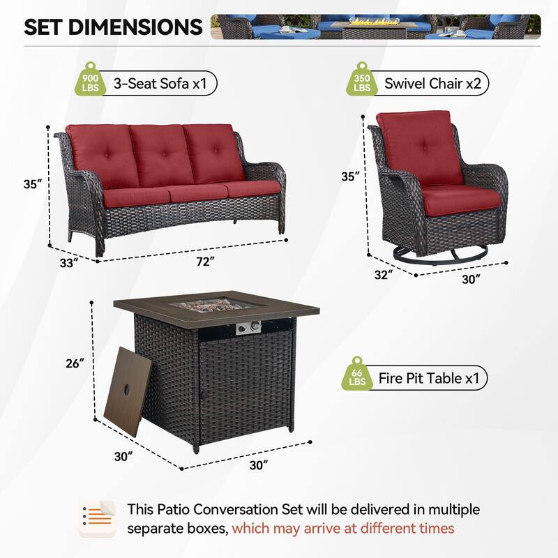 Gymojoy 4-Piece Outdoor Furniture Set, 2 Swivel Glider Chairs, 3-Seat Sofa & 55K BTU Fire Pit Table