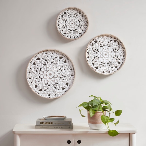 Madison Park Medallion Trio Distressed White Floral 3 piece Carved