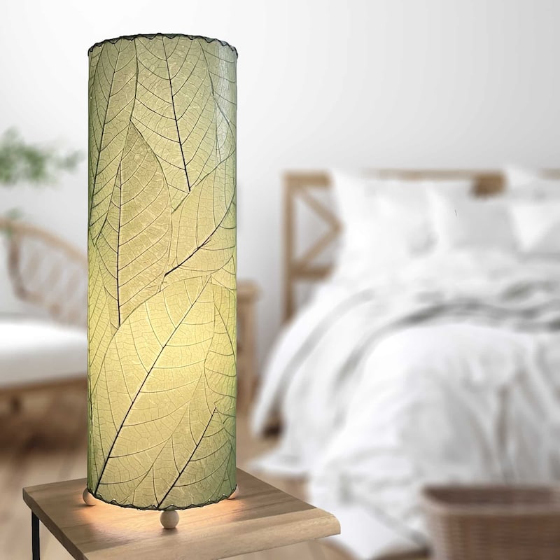 Handmade 24 Inch Cocoa Leaf Cylinder Table Lamp, Cocoa Leaves Shade, 8 x 8 x 24 in. - 8 x 8 x 24
