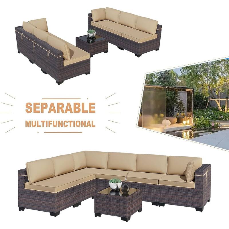 Kullavik 7 Pieces Outdoor Sectional Sofa Set Brown Wicker Patio Conversation Set with Seat Cushions and Tempered Glass Table