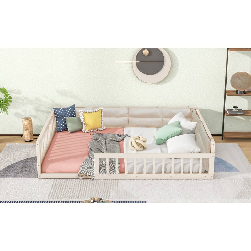 Full Size Upholstered Platform Bed with Guardrail and Pillow, Wood Montessori Floor Bed Daybed for Kids Boys Girls