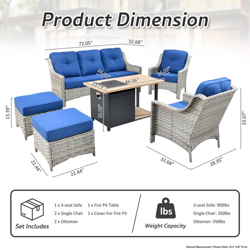 HOOOWOOO 6-piece Wicker Patio Furniture Set with Fire Pit Table