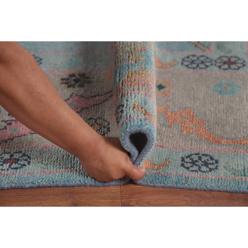 Light Blue Floral Oushak Oriental Area Rug Hand-Knotted Wool Carpet - 8'11" x 11'8"
