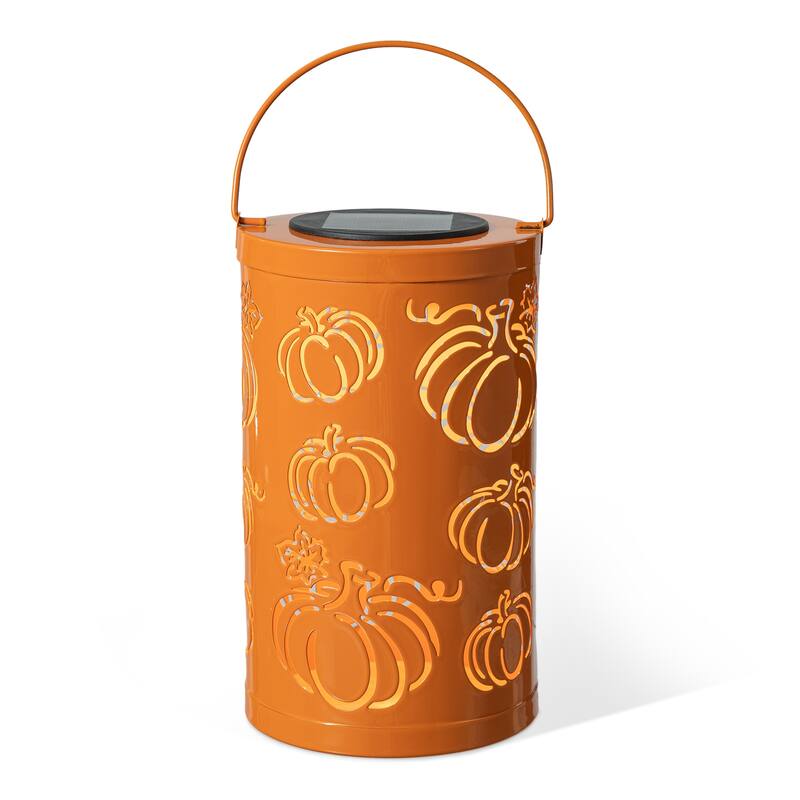 Glitzhome Fall Thanksgiving Pumpkin Pattern Metal Solar Powered LED Lanterns