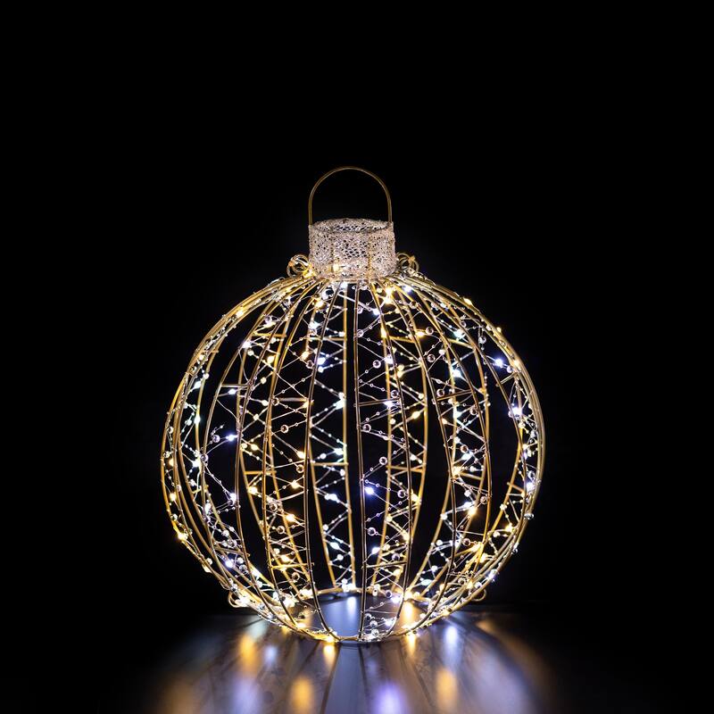 LED Lighted 3D Beaded Ball Ornament Outdoor Christmas Decorations - Candlelight Clear - Set of 3 - Gold