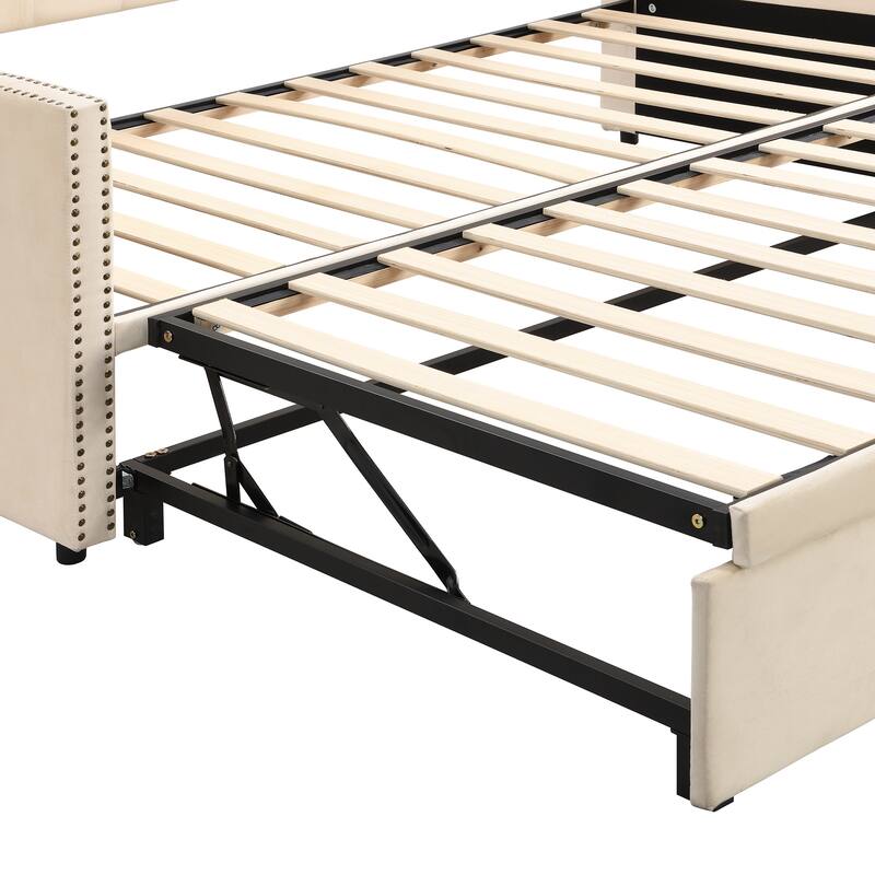 Twin Velvet Upholstered Daybed Platform Daybed with Liftable Trundle, Twin to King Daybed Frame with Nailhead Decoration, Beige