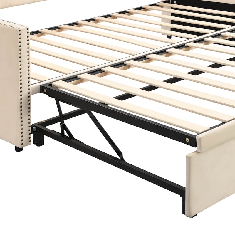 Twin Size Upholstered Daybed with Pop-Up Trundle in Beige