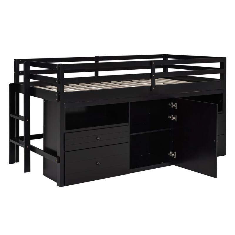 Space-Saving Twin Loft Bed with Drawers, Cabinet, and Shelves in Espresso