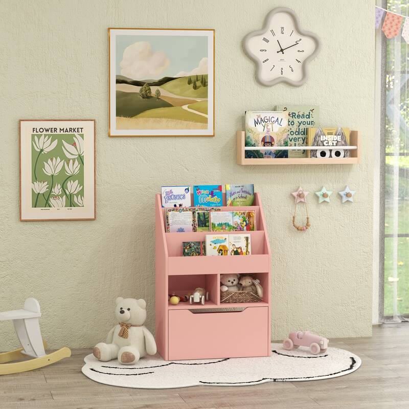 Kids Bookcase Multi-Shelf Rack Organizer with Storage Drawer for Books, Playroom, Pink