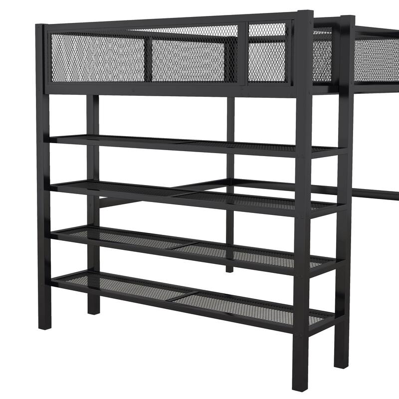 HomeRoots Black Platform Metal Full Double Loft Bed With Shelves