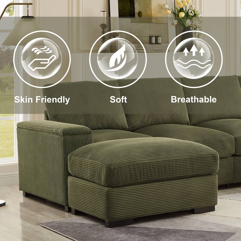 4-Deep Seat Corduroy Sectional Sofa Couch with 2 Ottomans