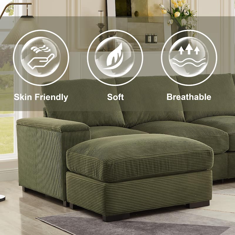 Symmetrical U-shaped Sectional Sofa Corduroy Sleeper Couch with Storage Armrests and Deep Seating, 4 Seat & 2 Ottomans Set