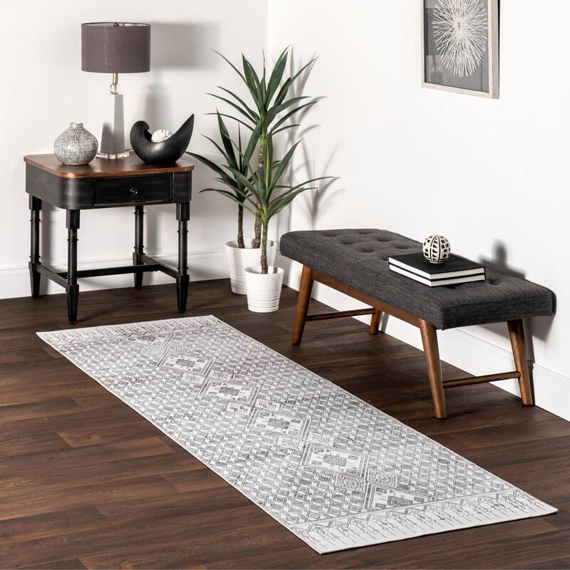 Nuloom Hettie SpinClean Transitional Tribal Machine Washable Area Rug - 2' 6" x 8' - Light Grey - Runner