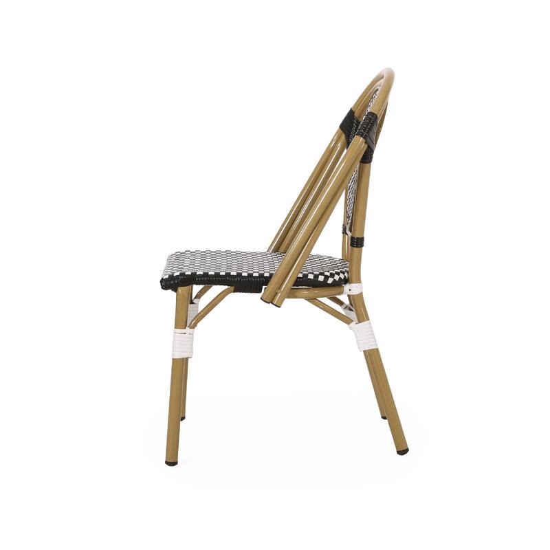 Bo Outdoor Bistro Chair Set of 2, White and Black Faux Rattan, Metal