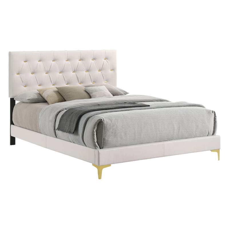 Lif Platform California King Size Bed, Tufted Headboard, Gold, White Velvet