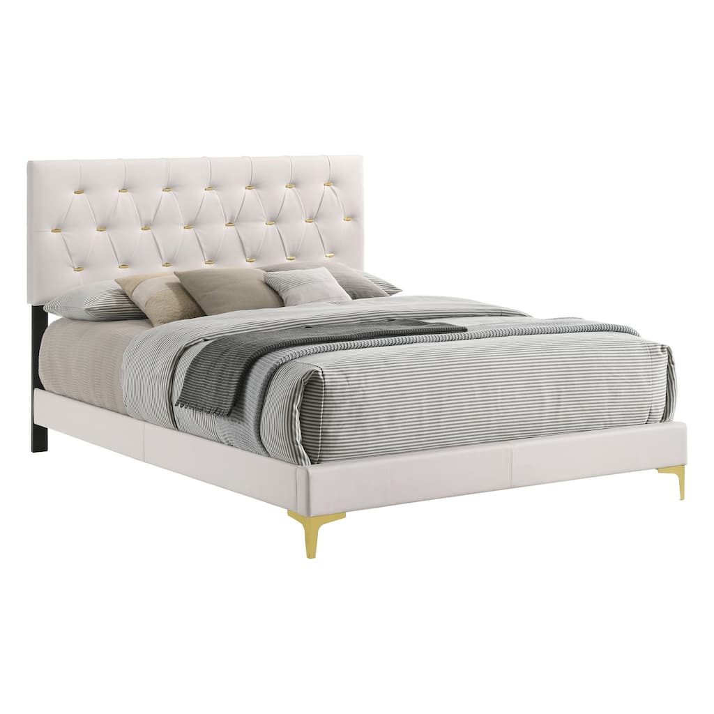 Lif Platform California King Size Bed, Tufted Headboard, Gold, White Velvet