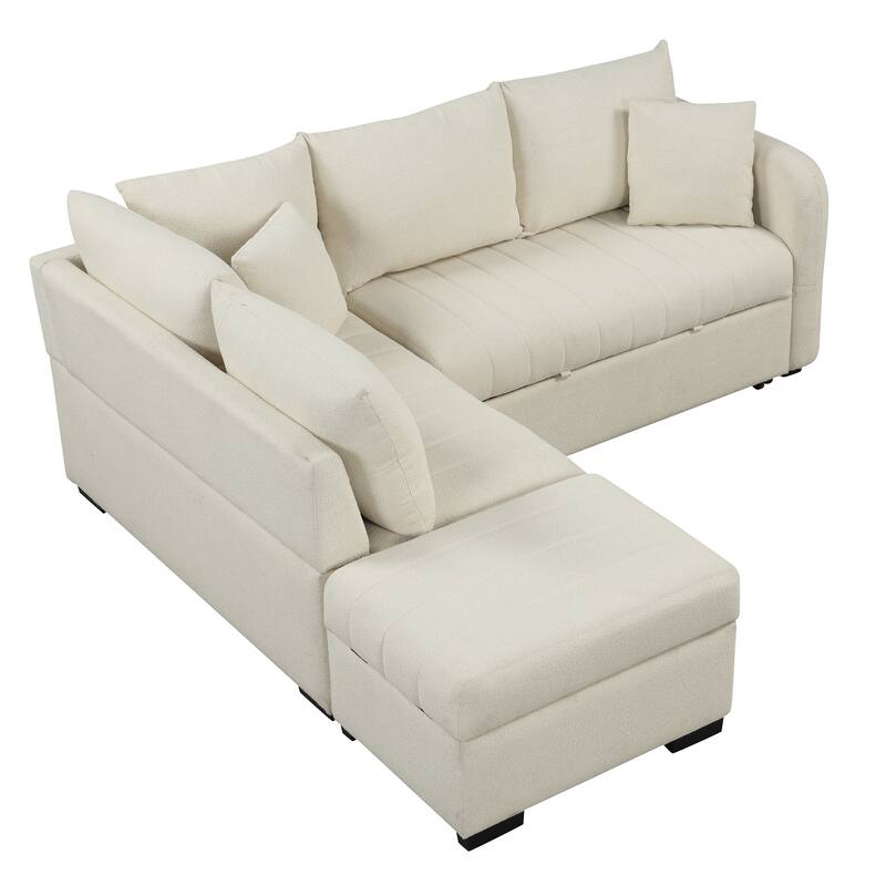 82.6" Polyester L-Shape Sectional Pull-Out Sofa Bed with Storage Ottoman, USB Ports and Power Sockets