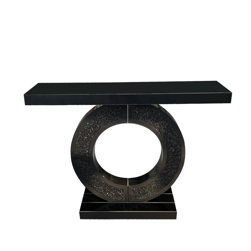 Mirrored Console Table With Crushed diamond Inlay, Long Entryway Sofatable, 0-Shaped Base Modern Accent Narrow Table