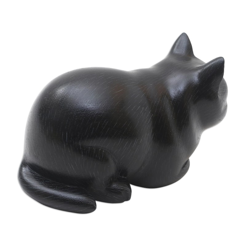 Novica Handmade Fat Cat In Black Wood Statuette
