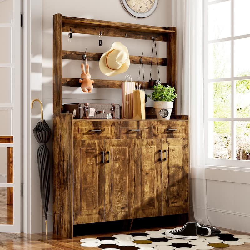 51.2" 4 Door Coat Rack with 3 Drawers,8 Shelves,Hooks and Handles - Brown