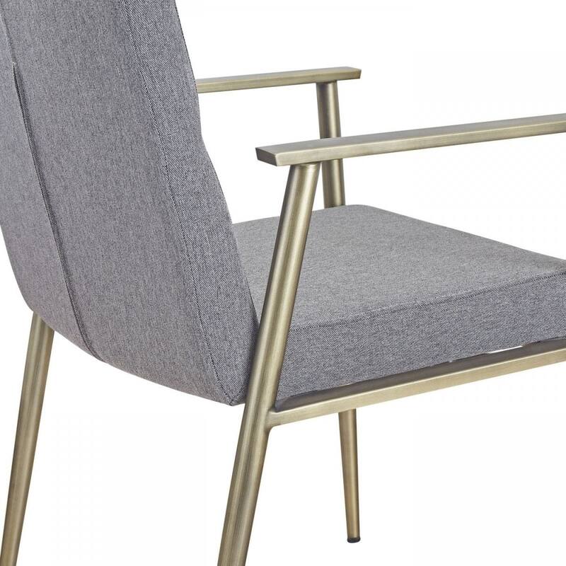Gray Fabric Metal Arm Dining Chair with Antiqued Brass Legs and Foam Seat - 24” x 22” x 32” (D x W x H)