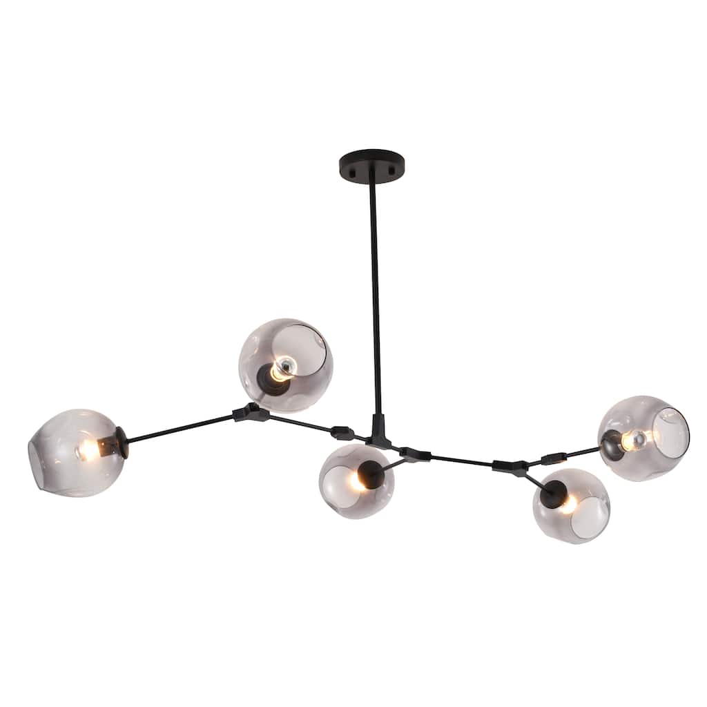 Transitional 5-Light Black Metal Chandelier With Smoke Glass Shades