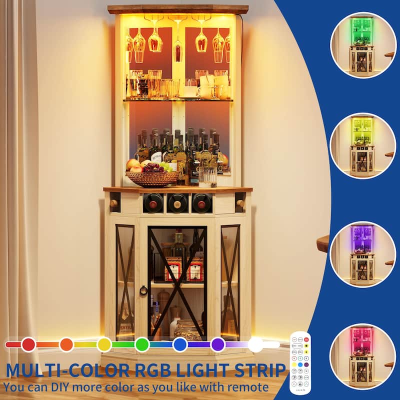 Moasis 72" Corner LED Bar Cabinet with Glass Holder, Wine Rack with Adjustable Shelves