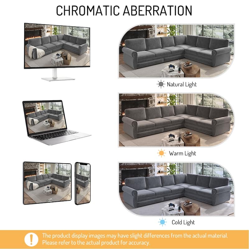 Homy Casa L-Shaped Sectional Sofa w/ Pull-Out Bed, Chenille Sleeper Couch w/ Nailhead Trim & Rolled Arm, Oversize