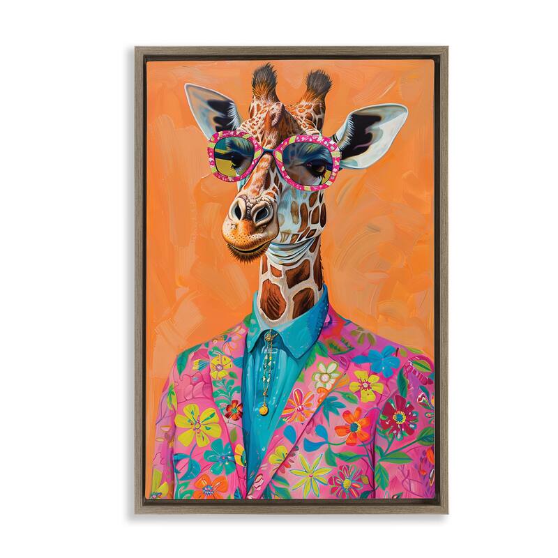 Stupell Bright & Trendy Giraffe in Suit Framed Floater Canvas Wall Art Design By LSR Design Studio - 17 x 25 - Brown