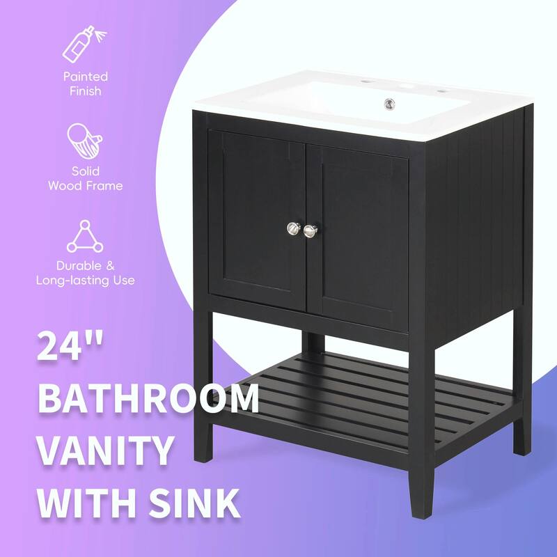 24" Bathroom Vanity with Ceramic Sink and Open Shelf