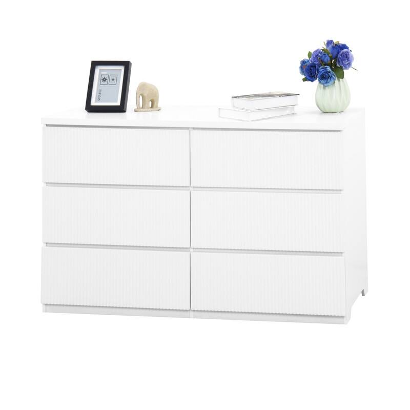 6-Drawer White Storage Cabinet, Modern Wavy Panel Dresser for Bedroom & Living Room