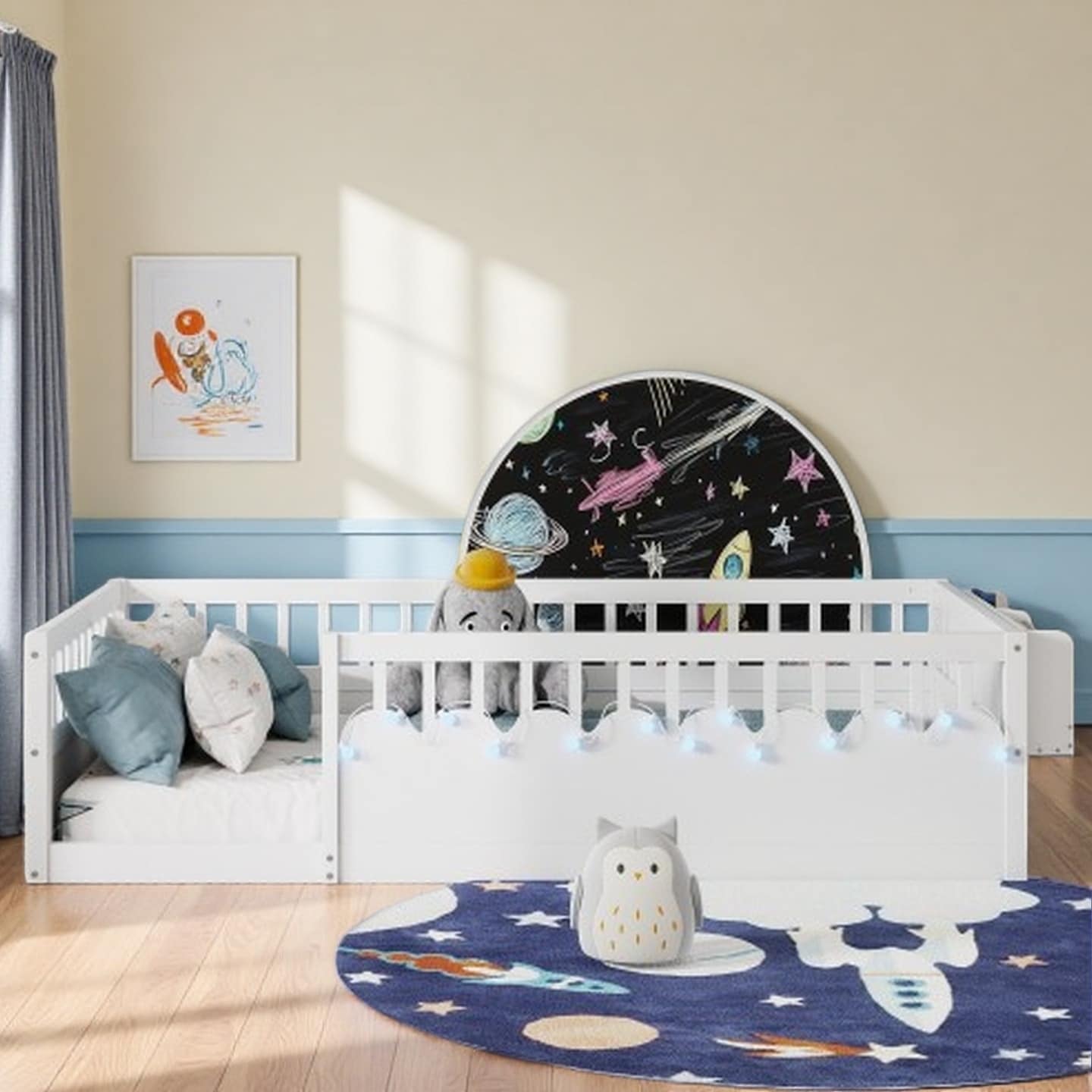 Twin Size Montessori-Style Floor Bed with High Safety Rails, Built-In Storage Shelf and Reading Light for Kids