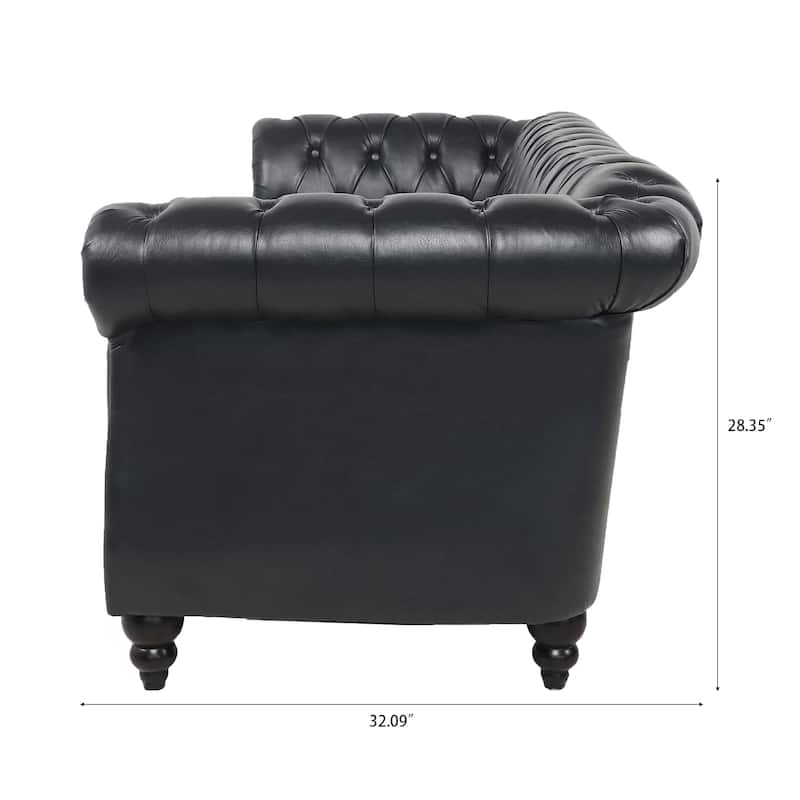 84.65" Black PU Rolled Arm Chesterfield Three Seater Sofa